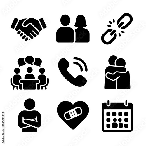 Family Dynamics Icons. Solid, filled icon set of family and relationship dynamics: handshake, couple silhouette, broken chain,