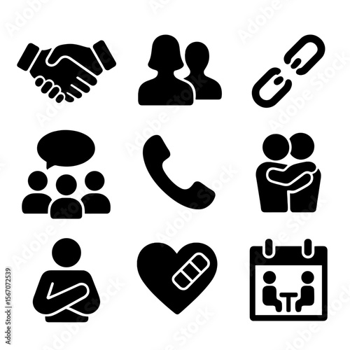 Family Dynamics Icons. Solid, filled icon set of family and relationship dynamics: handshake, couple silhouette, broken chain,
