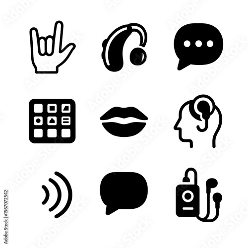 Communication Assistance Icons. Solid, filled icon set of Assisting with communication for someone with a speech or hearing