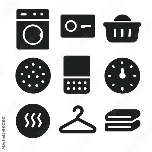 Clothes Dryer Icon Set. Solid, filled icon set of using a clothes dryer: dryer machine, control panel, laundry basket, drying drum
