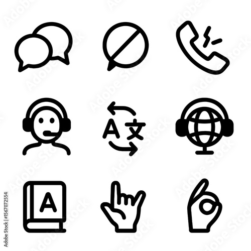 Communication Challenge Icons. Solid, filled icon set of communication challenges: speech bubbles, no entry sign over speech
