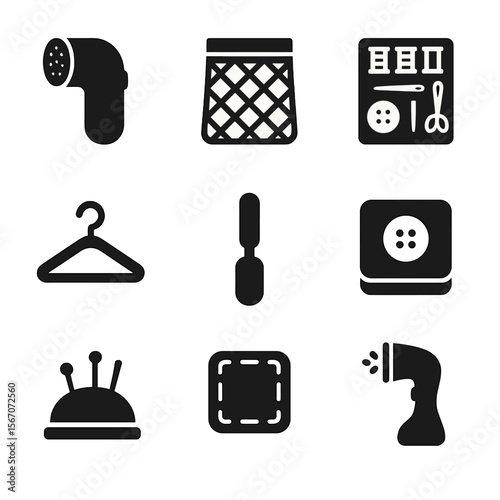 Clothing Care Icon Set. Solid, filled icon set of clothing care items: fabric shaver, mesh bag, sewing kit, hanger, lint brush,