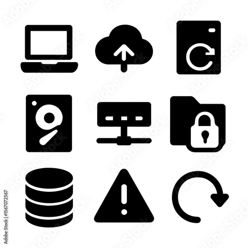 Data Backup Icons. Solid, filled icon set of data backup components: laptop, cloud upload, backup server, hard disk, network