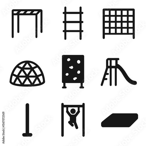 Playground Climbing Icons. Solid, filled icons set of climbing frame: monkey bars, rope ladder, climbing net,
