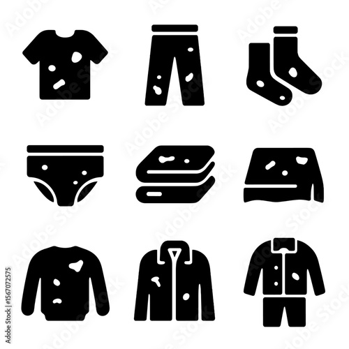 Clothing Icons Grid. Solid, filled icon set of dirty clothes types: shirts, pants, socks, underwear, towels, bed sheets, sweaters,