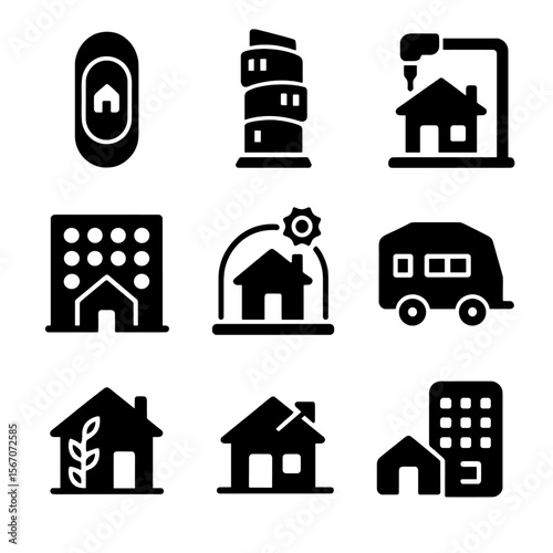 Futuristic Housing Icons. Solid, filled icons set of futuristic housing concepts: capsule pod, rotating tower,