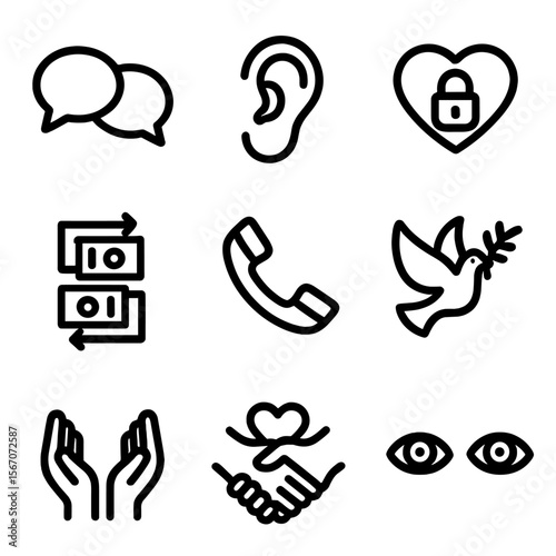 Communication Icons Grid. Solid, filled icon set of communication and trust: speech bubbles connected, listening ear, heart with