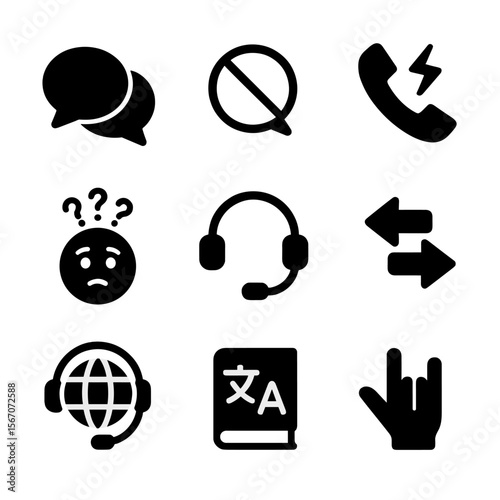 Communication Challenge Icons. Solid, filled icon set of communication challenges: speech bubbles, no entry sign over speech