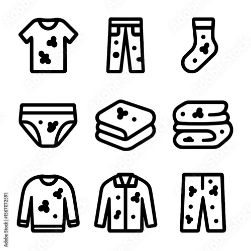 Clothing Icons Grid. Solid, filled icon set of dirty clothes types: shirts, pants, socks, underwear, towels, bed sheets, sweaters,
