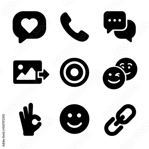 Communication Icons Grid. Solid, filled icon set of connection and communication: heart chat, phone call, group text, shared photo