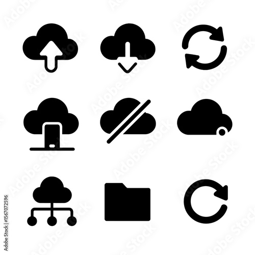 Cloud Storage Icons. Solid, filled icon set of cloud storage and syncing: cloud upload, cloud download, sync arrows, connected