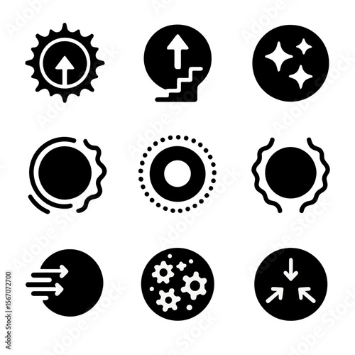 Asymptotic Giant Branch Icons. Solid, Filled icon set of asymptotic giant branch phenomena: thermal pulse, dredge-up event, C-rich