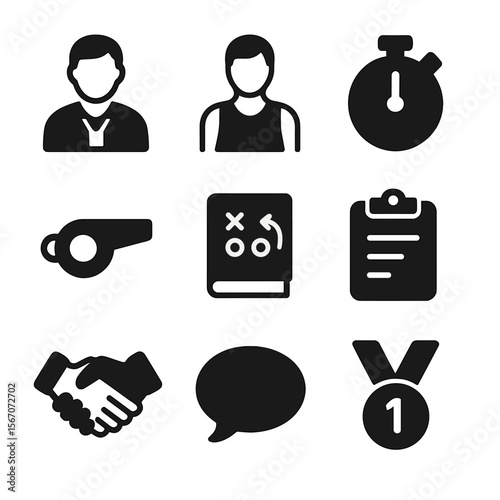 Coaching Session Icons. Solid, filled icon set of coaching session elements: coach figure, athlete figure, stopwatch, whistle,