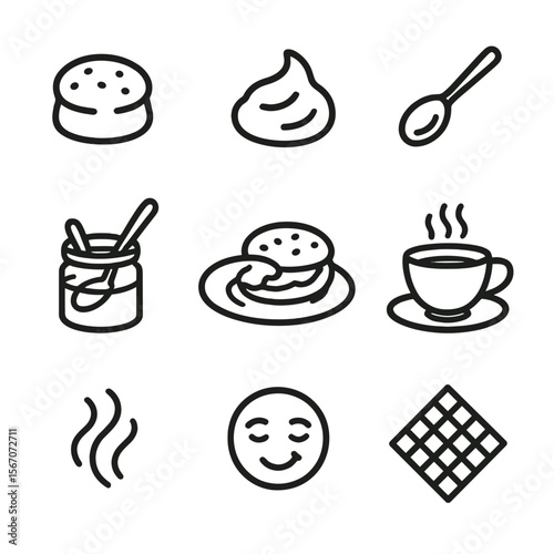 Scone Tasting Icons. Outline icon set of scone tasting experience: freshly baked scone silhouette, dollop of clotted cream, spoon