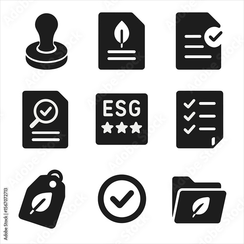 Certified Green Bond Icons. Solid, filled icons set of certified green bond frameworks: certification stamp,