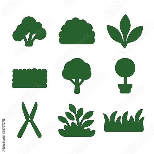 Garden Icons Grid. Solid, filled icons set of shrubbery and green growth: small shrub, garden bush, leafy icon