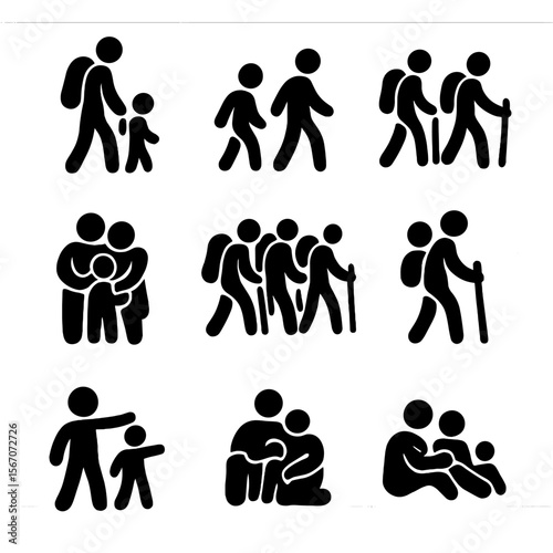 Family Hiking Icons. Solid, filled icon set of family hiking group icons: parent with child, siblings walking, three-person group,