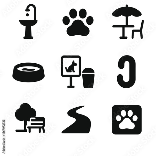 Pet-Friendly City Icons. Solid, filled icon set of pet-friendly city features: public fountain, sidewalk paw print, open patio caf