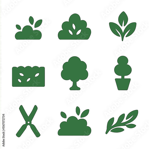 Garden Icons Grid. Solid, filled icons set of shrubbery and green growth: small shrub, garden bush, leafy icon
