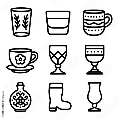 Decorative Drinkware Icons. Solid, filled icon set of Decorative drinkware: etched glass, colored tumbler, patterned mug,