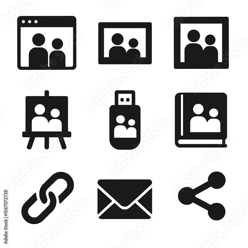 Family Photo Icons. Solid, filled icon set of family photo delivery formats: digital gallery icon, photo print, framed photo,