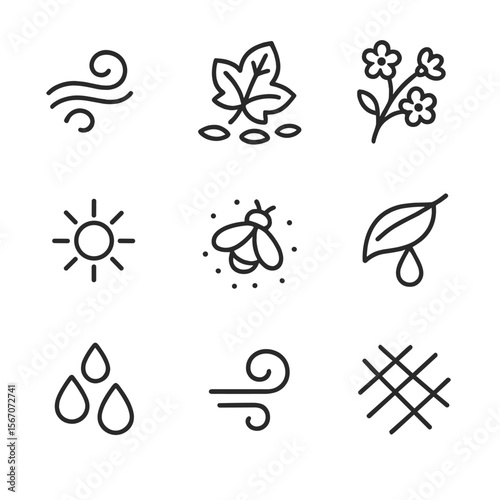 Seasonal Glade Icon Set. Outline icon set of seasonal glade atmospheres: morning mist swirl, autumn leaf carpet, spring bloom twig