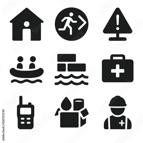 Coastal Disaster Icons. Solid, filled icon set of coastal disaster response: emergency shelter, evacuation route, rescue boat,