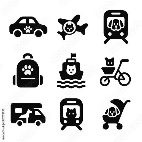 Pet Travel Icons. Solid, filled icon set of pet-friendly transportation: car with paw, pet in plane, dog in train, backpack