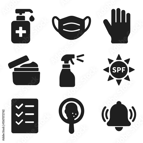Protective Routine Icons. Solid, filled icons set of everyday protective routines: hand sanitizer, mask icon,
