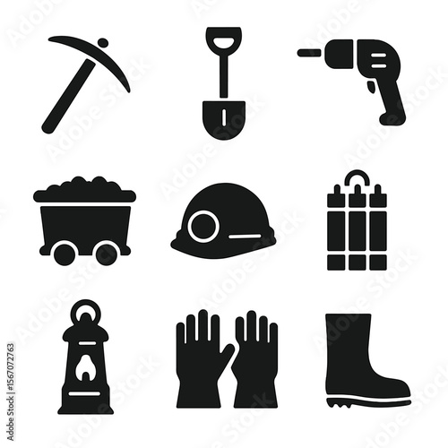 Coal Mining Tools. Solid, filled icon set of coal extraction tools and equipment: pickaxe, shovel, drill, mining cart, safety