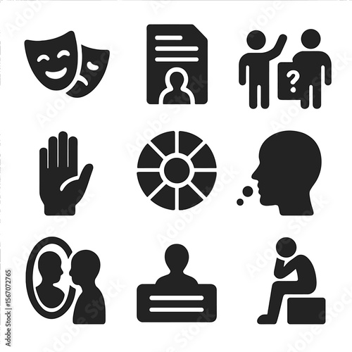 Character Emotion Icons. Solid, filled icons set of emotion and character building: emotion mask, character