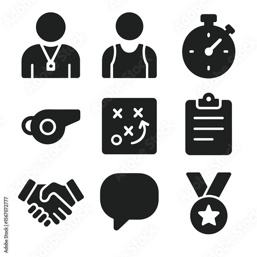 Coaching Session Icons. Solid, filled icon set of coaching session elements: coach figure, athlete figure, stopwatch, whistle,