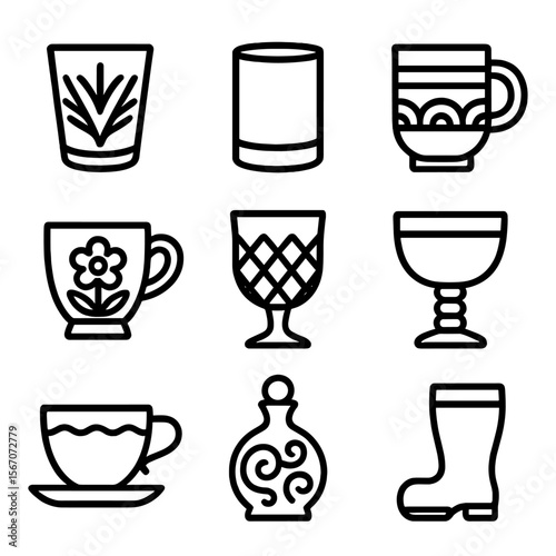 Decorative Drinkware Icons. Solid, filled icon set of Decorative drinkware: etched glass, colored tumbler, patterned mug,