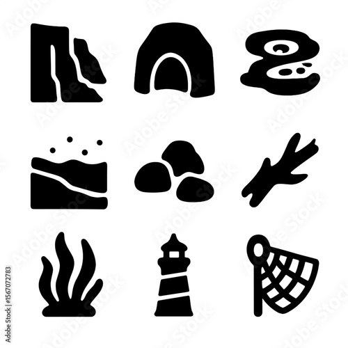 Coastal Icons Grid. Solid, filled icon set of coastal features: cliffs, caves, tide pools, sandy shore, rocks, driftwood, seaweed,