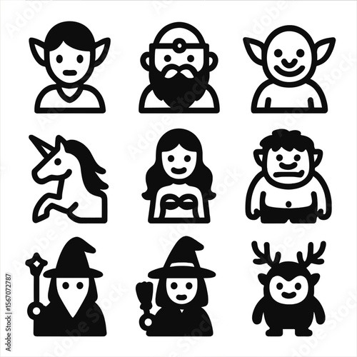 Fantasy Icon Collection. Solid, filled icon set of fantasy storybook figures: elf, dwarf, goblin, unicorn, mermaid, troll,