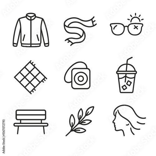 Seasonal Outdoor Icons. Outline icon set of seasonal outdoor styling: lightweight jacket, scarf blowing in wind, sunglasses