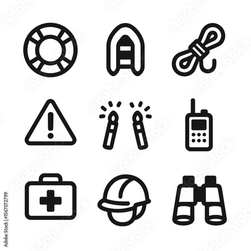 Coastal Safety Icons. Solid, filled icon set of coastal safety elements: life preserver, rescue boat, safety rope, warning sign,