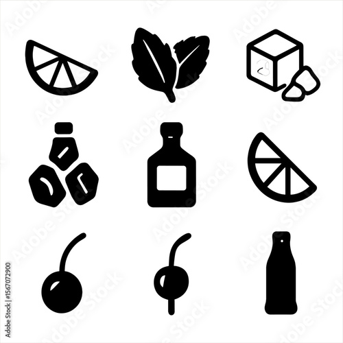 Cocktail Ingredients Icons. Solid, filled icon set of cocktail ingredients: lime wedge, mint leaves, sugar cube, crushed ice, rum