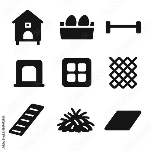 Chicken Coop Essentials. Solid, filled icons set of chicken coop basics: chicken coop, nesting box, perch bar,