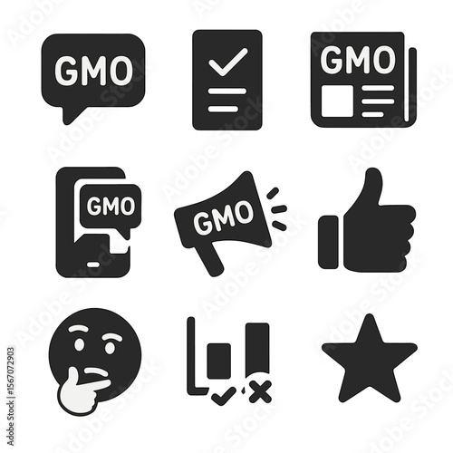 GMO Public Opinion Icons. Solid, filled icons set of public opinion on GMOs: speech bubble, vote icon, news