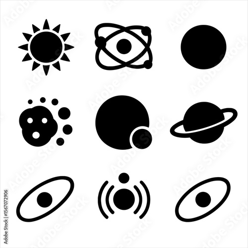 Planetary Icon Grid. Solid, filled icon set of planetary systems: sun, orbit lines, planets, asteroid belt, dwarf planet, moons,