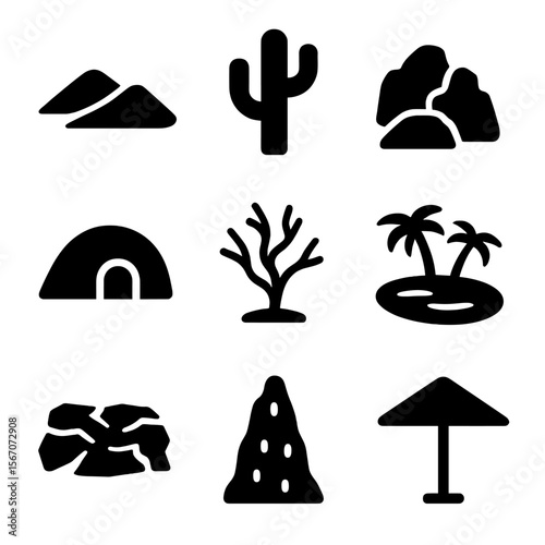 Desert Habitats Icons. Solid, filled icon set of desert animal habitats: sand dune, cactus, rocky outcrop, burrow, dry shrub,