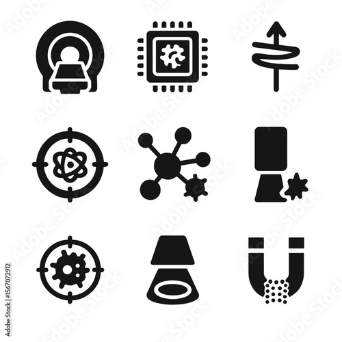 Quantum Medical Icons Grid. Solid, filled icons set of medical tech using quantum theory: MRI scanner, PET