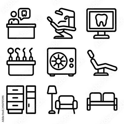 Dental Clinic Icons. Solid, filled icon set of dental clinic: reception desk, dental office, dental chair, X-ray machine, dental