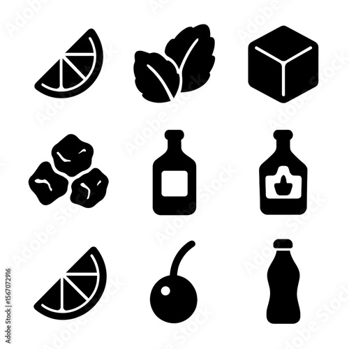 Cocktail Ingredients Icons. Solid, filled icon set of cocktail ingredients: lime wedge, mint leaves, sugar cube, crushed ice, rum