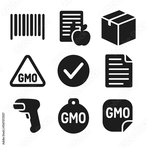 GM Food Icons. Solid, filled icons set of GM food labeling: barcode, nutrition label, apple icon, package box,