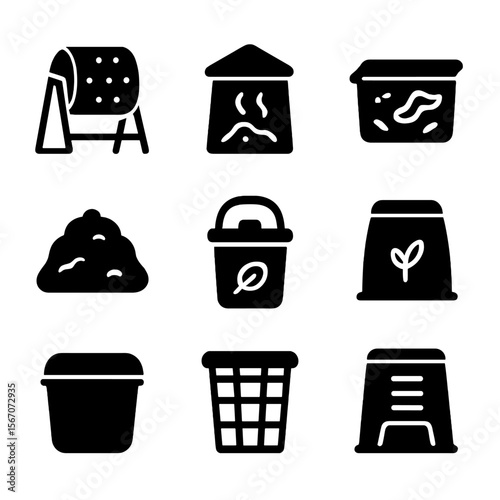 Compost Bin Icons. Solid, filled icon set of compost bin types: tumbler, stationary bin, worm composting bin, heap pile, kitchen