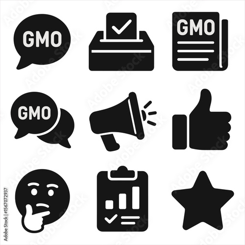 GMO Public Opinion Icons. Solid, filled icons set of public opinion on GMOs: speech bubble, vote icon, news
