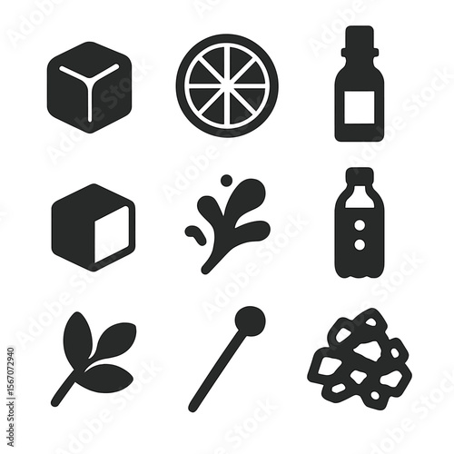 Cocktail Ingredients Icons. Solid, filled icon set of cocktail ingredient elements: ice cube, lime slice, bitters bottle, sugar