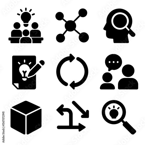 Design Thinking Icons. Solid, filled icon set of Design thinking: ideation session, mind map nodes, user research, creative sketch